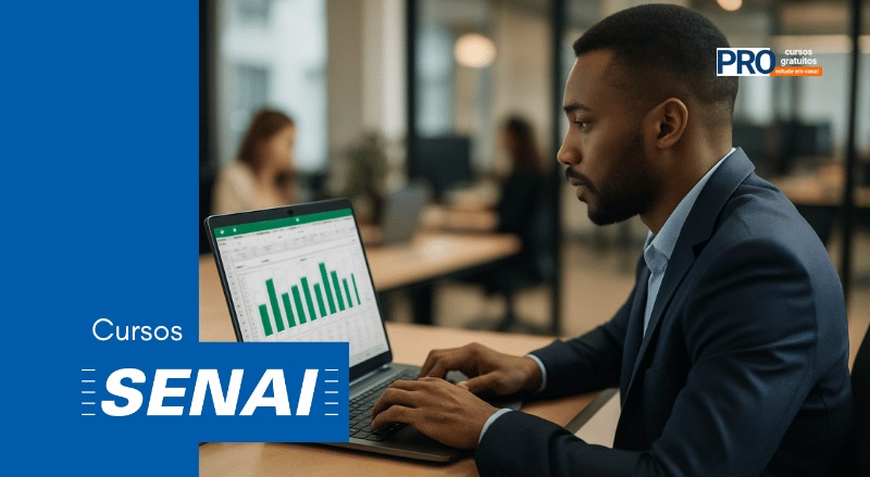 curso Excel SENAI Santo André Pessoa trabalhando em um escritório, concentrada em uma planilha de Excel no notebook, com gráficos na tela e ambiente corporativo ao fundo.